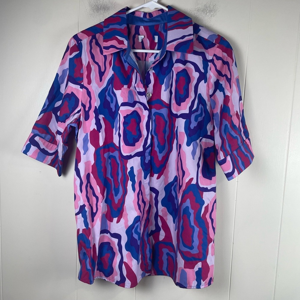 Perlavera Women's Size Medium Pink Blue Abstract Print Cotton‎ Button Up Shirt